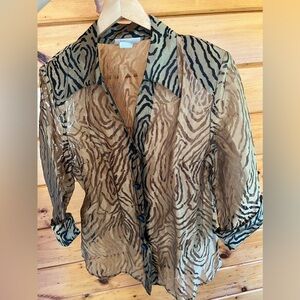 Dressbarn Animal Print Glimmer Brown Sheer Button Down Blouse Top Women’s 14/16
